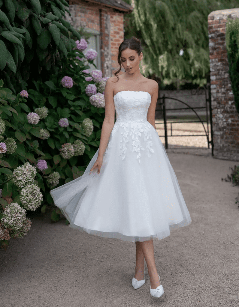Hettie a tea-length wedding dress with mid-calf hemline