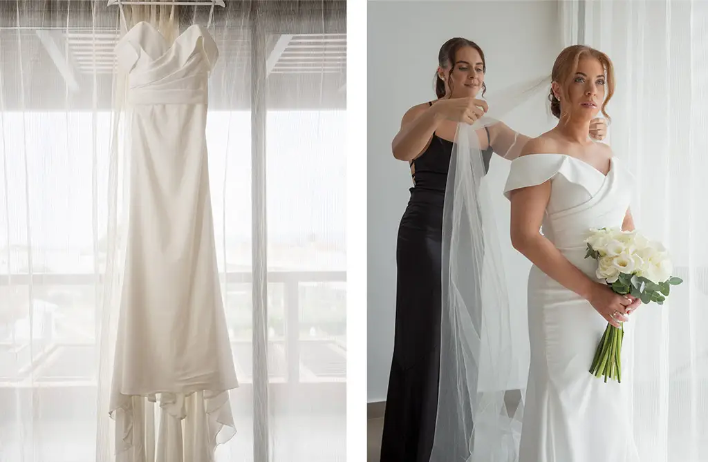 Real bride Teasha wearing Rio by Sofia Cruz with groom Nathan at their Rhodes wedding