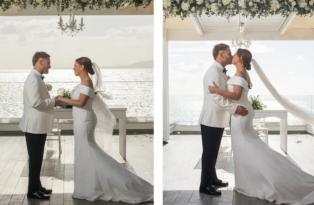 Bride in a Sofia Cruz sheath wedding dress at a destination wedding in Rhodes, Greece