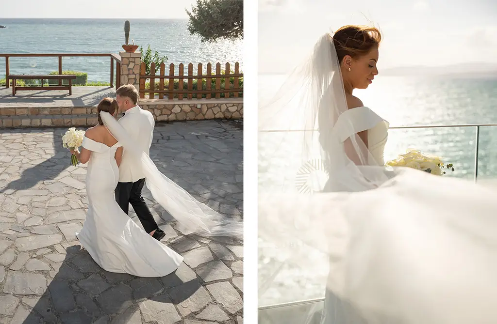 Real bride wearing a modern Sofia Cruz wedding dress with elegant minimalist styling