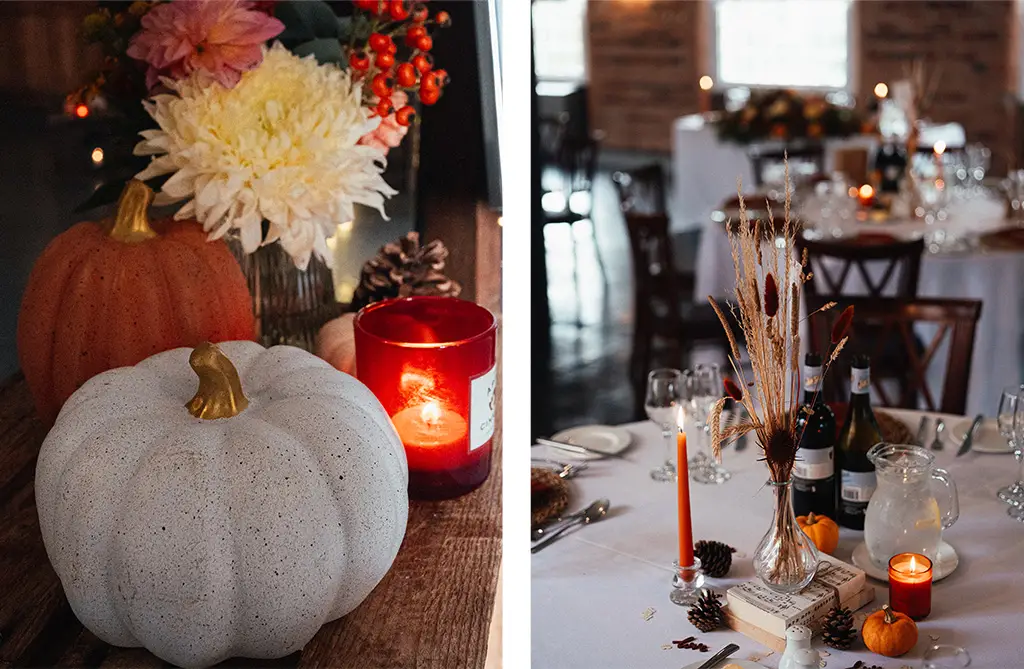 Rebekah and Philip’s autumn wedding floral display with pumpkins