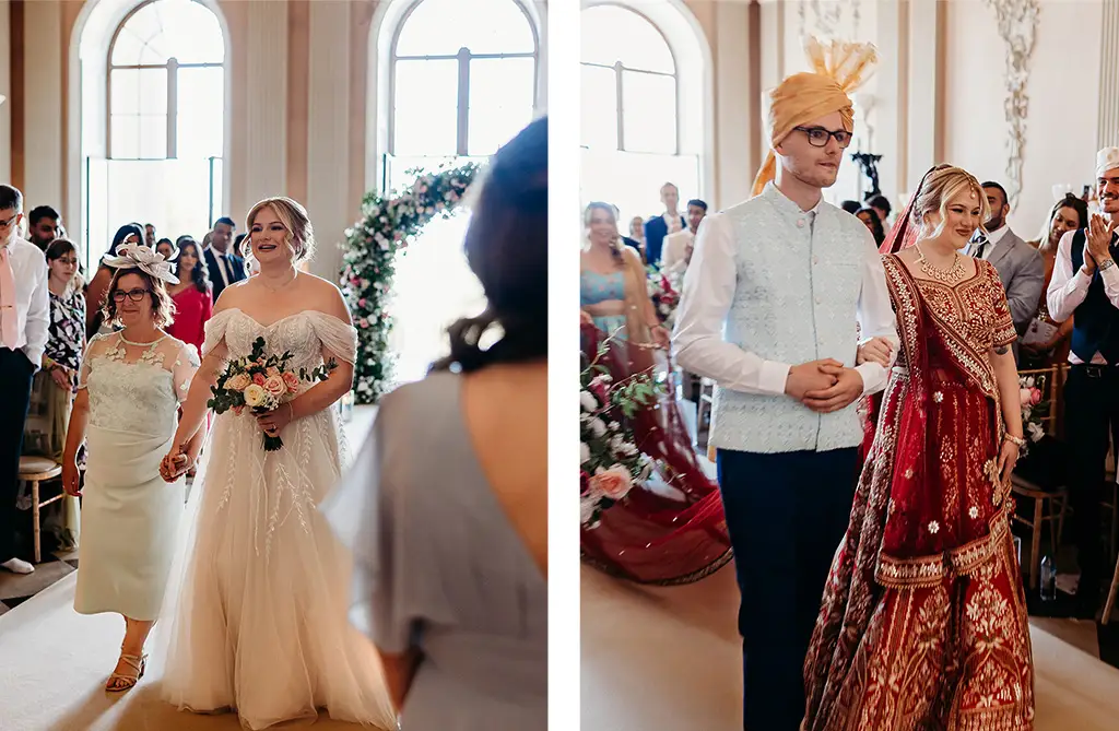 Fran walking down the aisle with her mum and brother during two wedding ceremonies