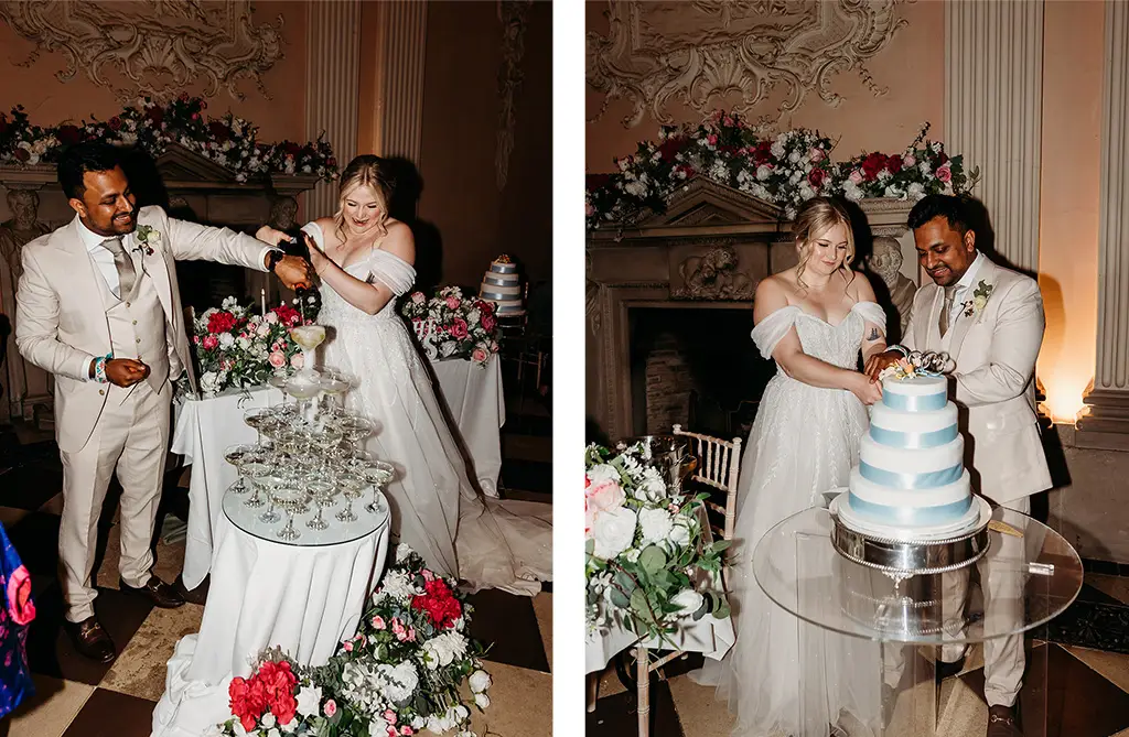 Fran and Ronit pouring champagne over a champagne tower and cutting their wedding cake