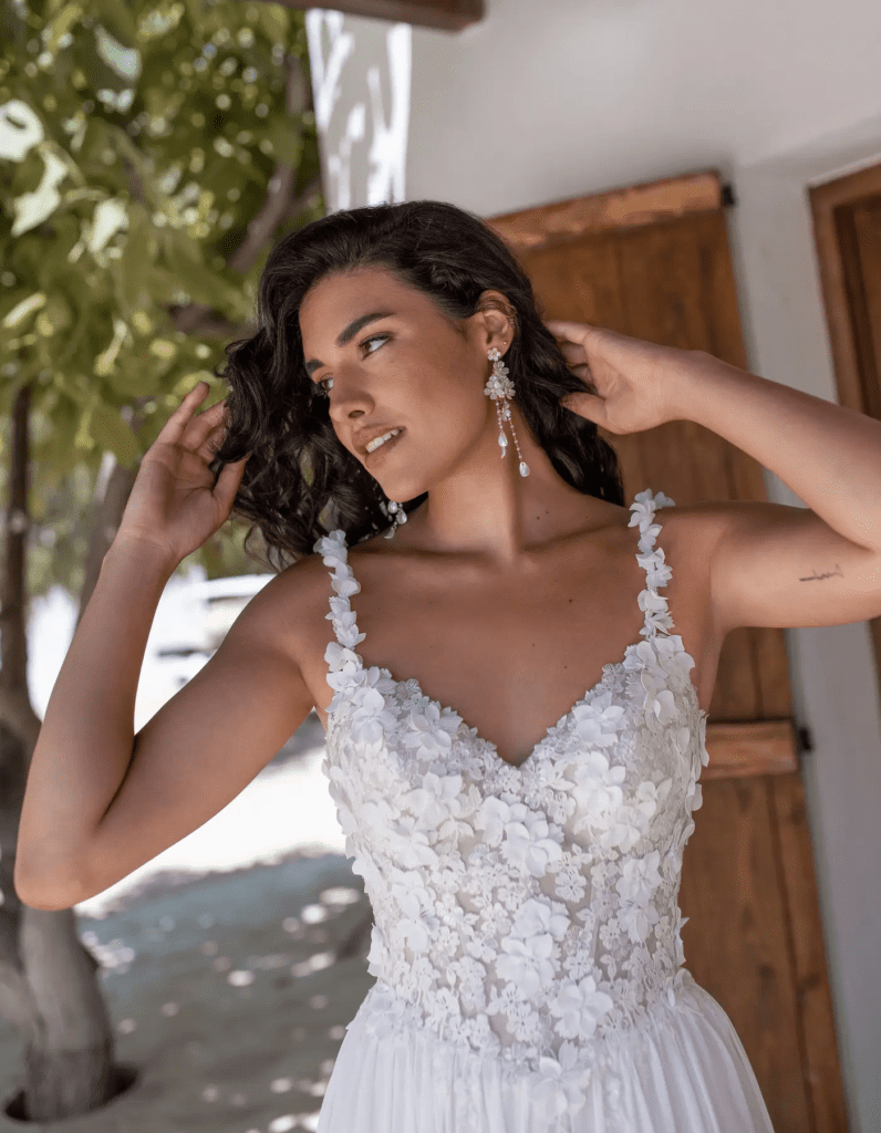 Bold floral wedding dresses Juniper and Deia with statement flower details
