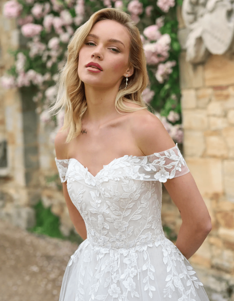 Classic floral wedding dresses Chloe and Trinity with romantic lace details