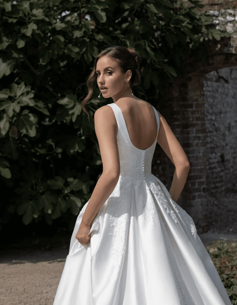 Understated floral wedding dresses Novaan and Penny with subtle floral lace