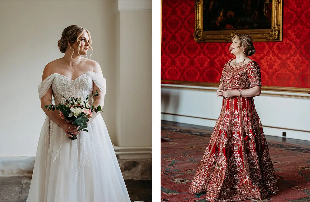 Fran wearing her wed2b wedding dress alongside her traditional Indian bridal outfit