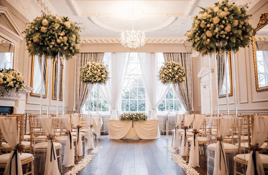 Phoebe and Grant’s wedding ceremony flowers with romantic floral styling