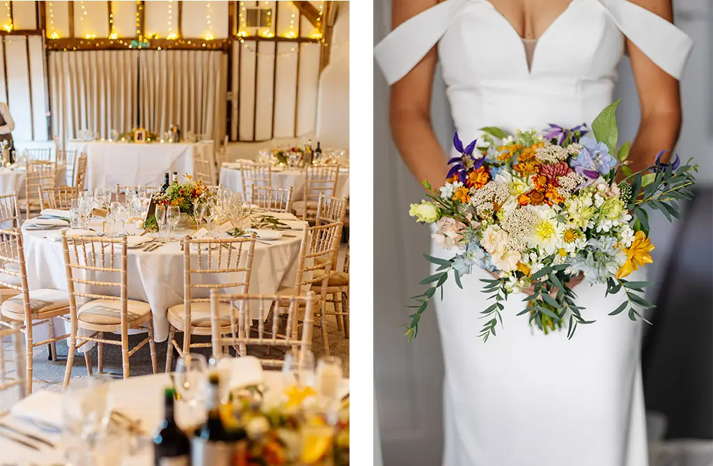 Sarah and Ali’s wedding table décor and bridal bouquet with summer blooms