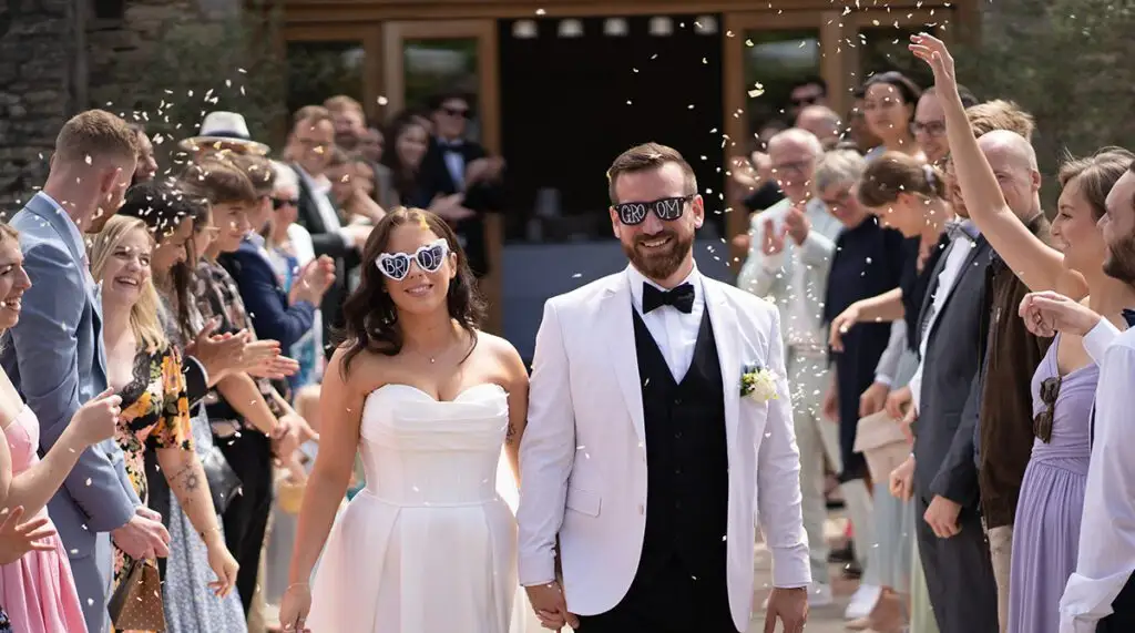 Lottie and Jonas holding hands wearing bride and groom sunglasses at their wedding