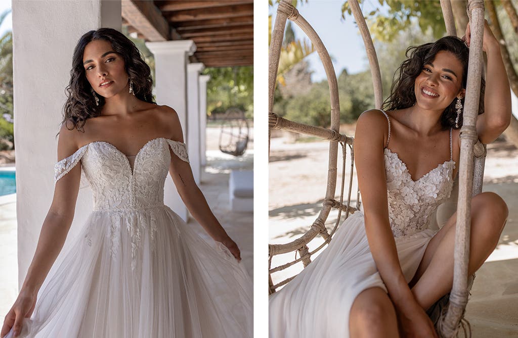 Boho wedding dress under £999 with flowing chiffon skirt