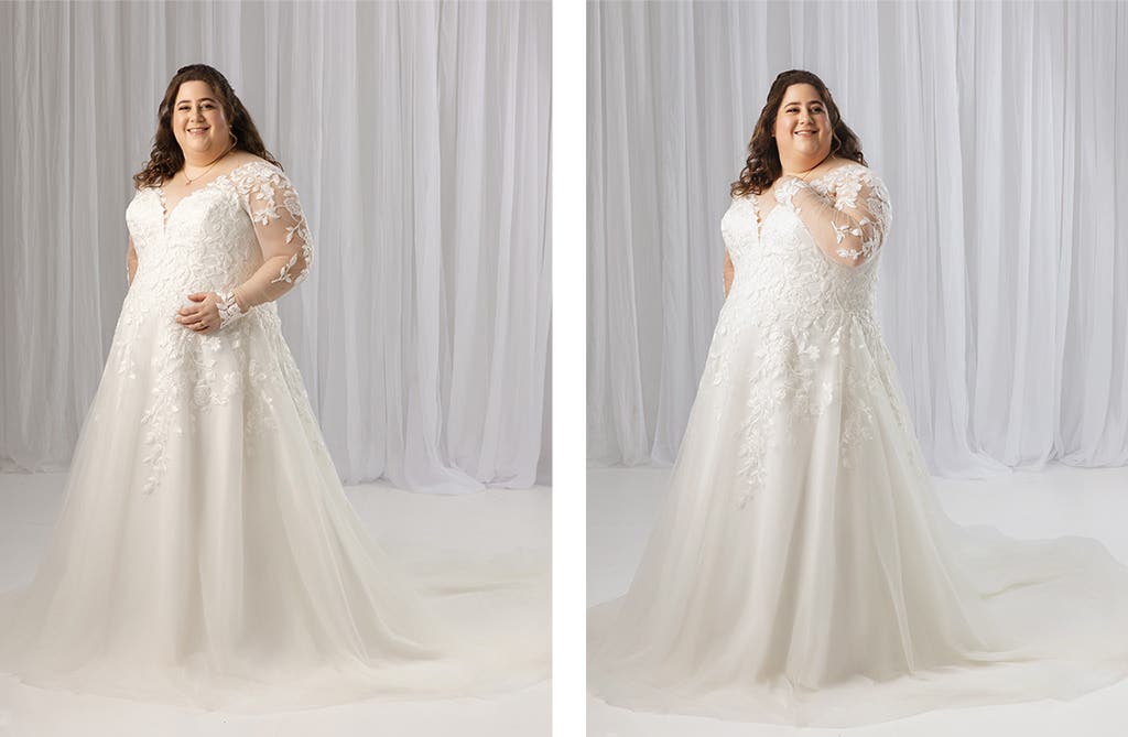 Zelfverzekerde plus size bruid in een aangesloten trouwjurk