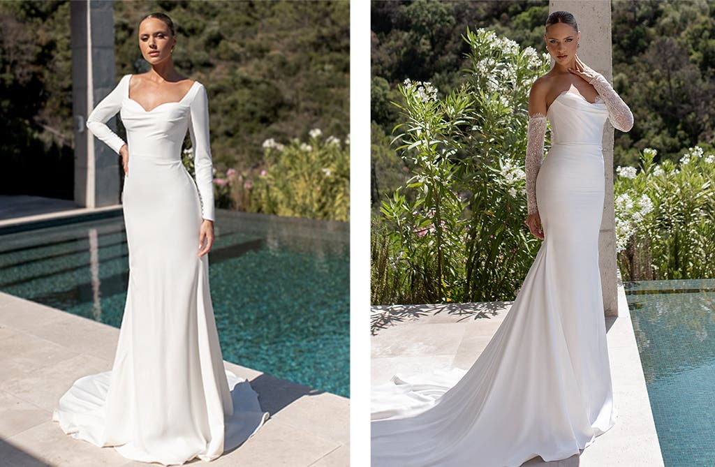 Simple minimalist wedding dress under £999 with clean bridal silhouette