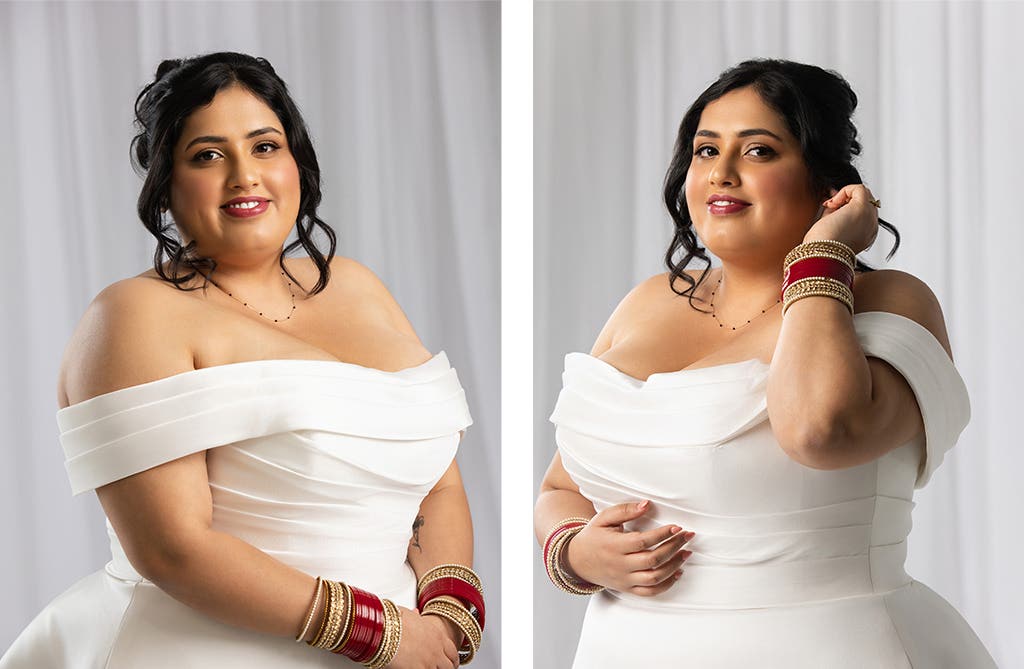 Sonali in haar culturele witte trouwjurk