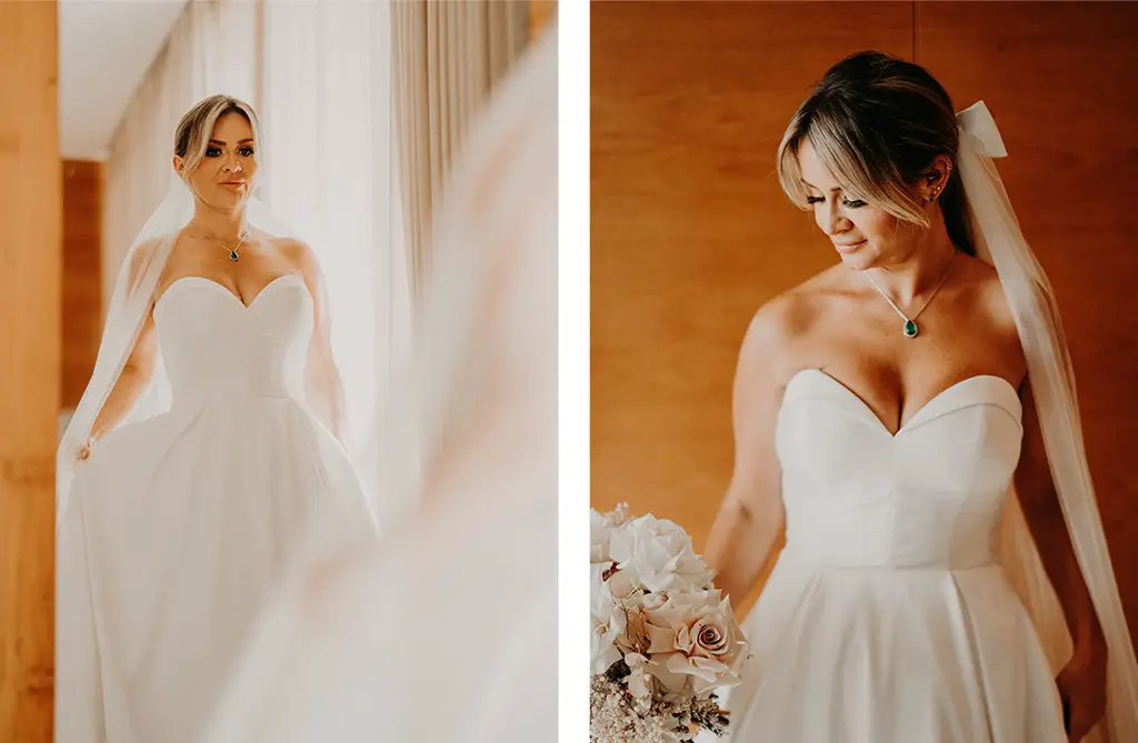 Siobhan standing in front of a mirror while getting ready on the morning of her wedding day