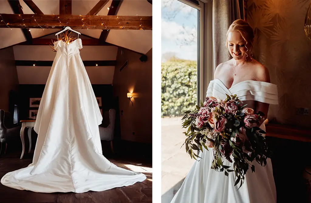 Catherine’s wedding dress hanging up alongside Catherine holding her bridal bouquet in her wedding gown