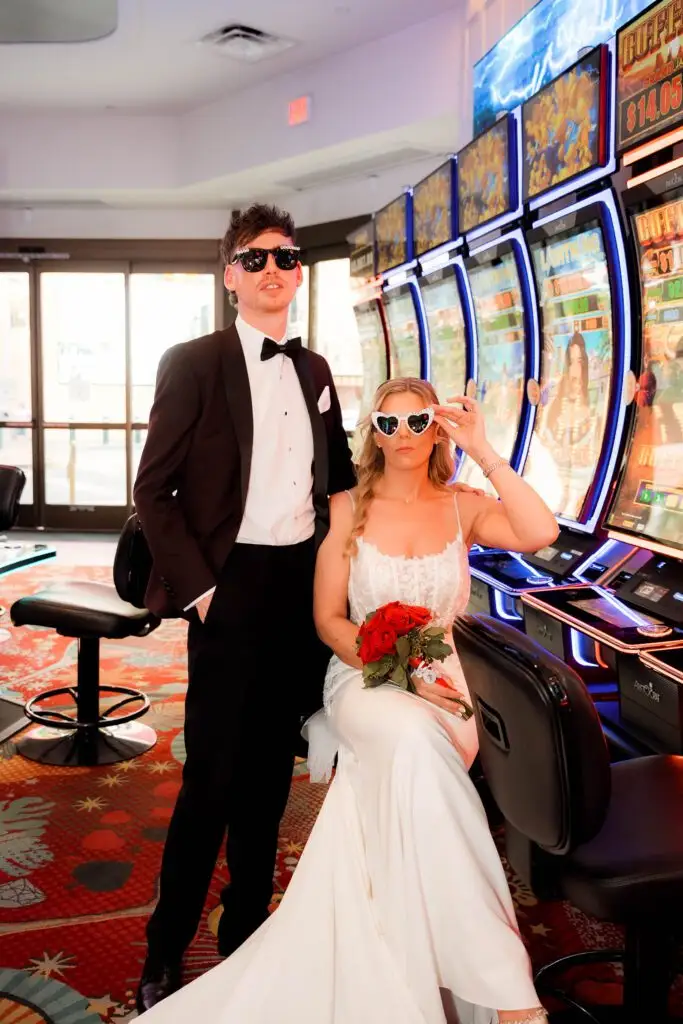 Megan wearing the Nikita crepe and lace wedding dress