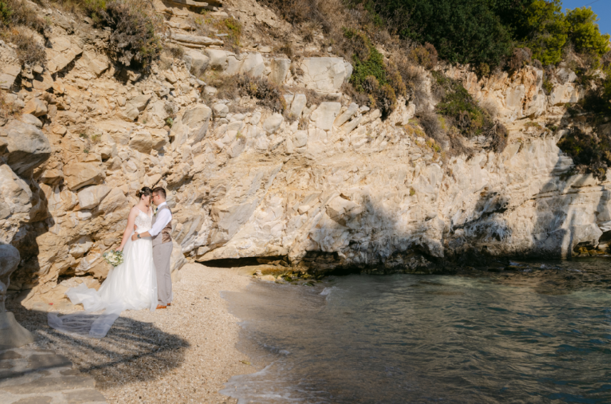Bride and groom celebrating at a destination wedding abroad