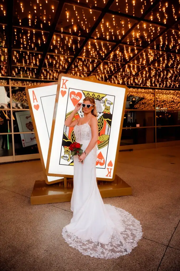 Megan in her Nikita wedding dress outside the Las Vegas chapel