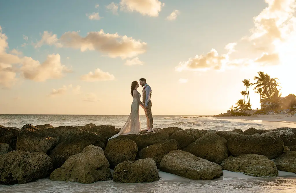 Bride and groom on the beach for their destination elopement