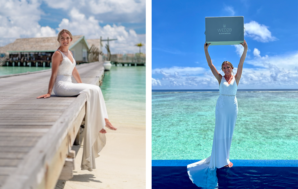 Bride Leah packing her wedding dress for travel to the Maldives