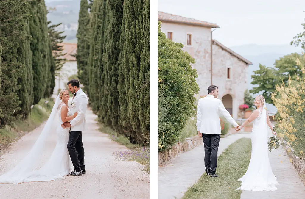 Bride Emily wearing a lightweight wedding dress at her Tuscan vineyard wedding