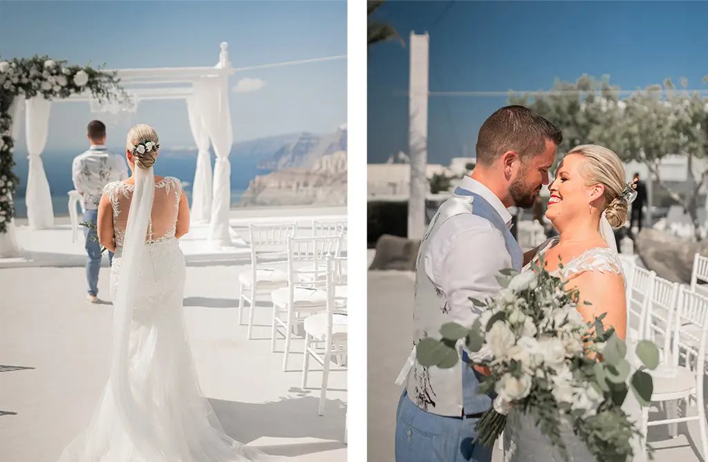 Bride and groom at their Santorini destination wedding
