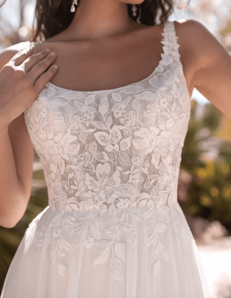 Close-up detail of Molli chiffon wedding dress