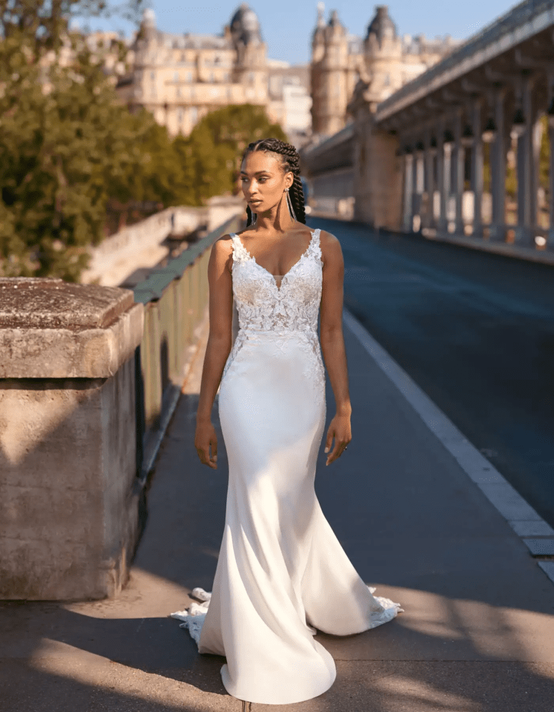 Bride wearing Ravello, a crepe wedding dress by Miavalenca