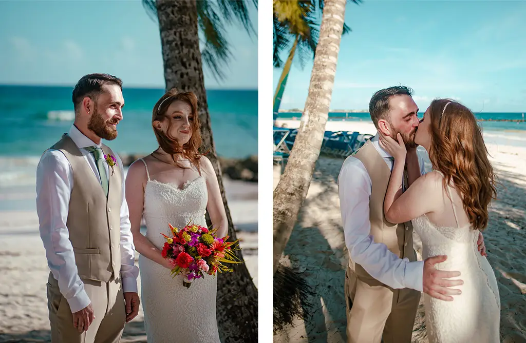 Bride Abbey walking barefoot on the beach in a chiffon wedding dress