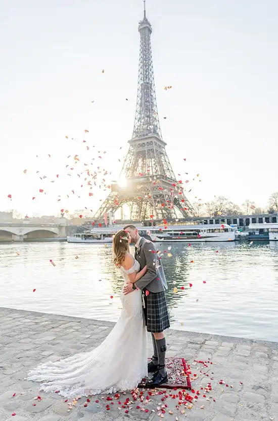 Bride Jennifer in a crepe wedding dress at her Paris elopement