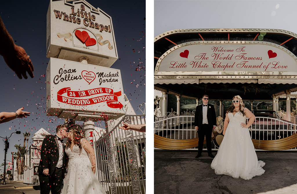 Bride Billie in a sparkly short wedding dress for her Las Vegas wedding