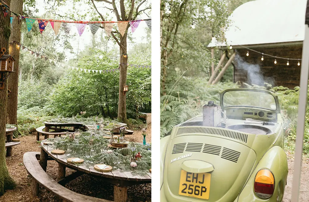 Chloe and Marc's woodland wedding reception with BBQ food