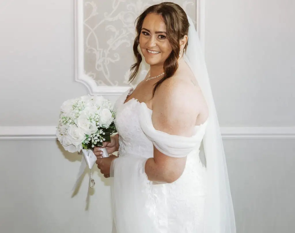 Cheryl trying on wedding dresses at wed2b Norwich