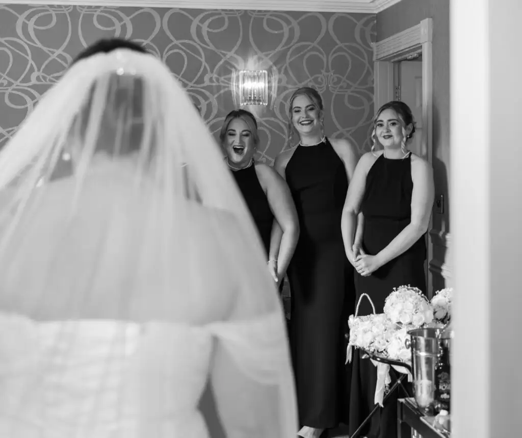 Cheryl wearing the Camina fit and flare wedding dress