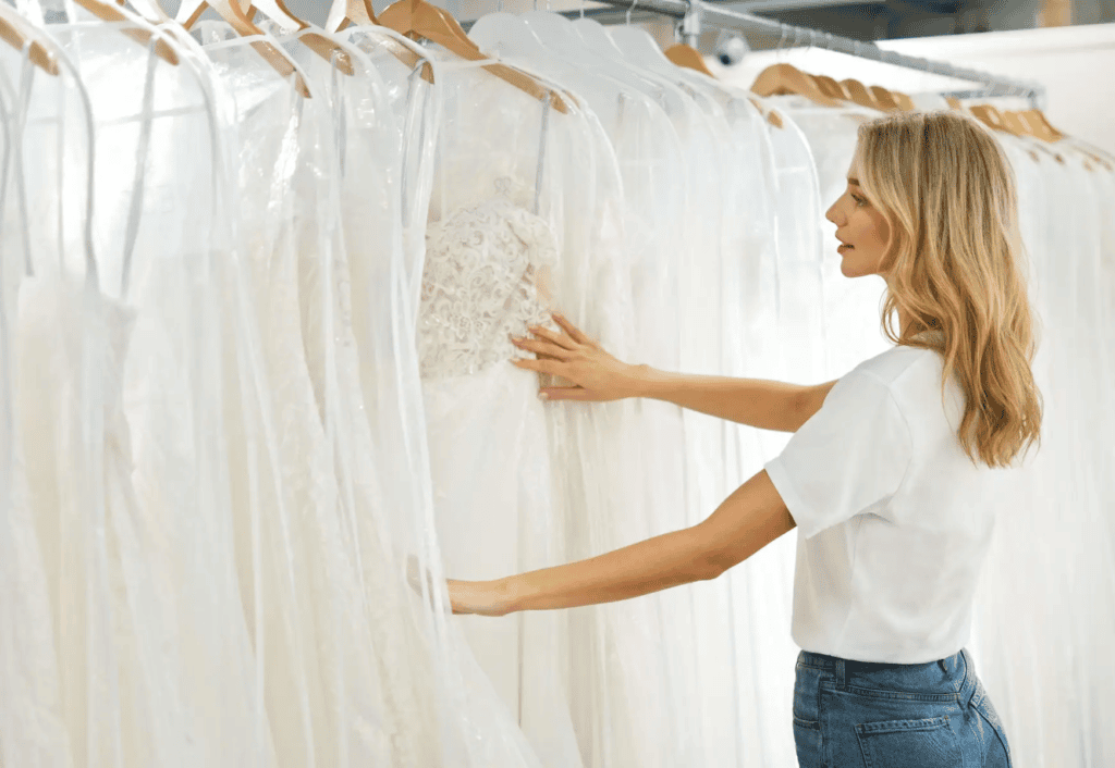 Bridal Expert helping a bride choose a statement wedding dress