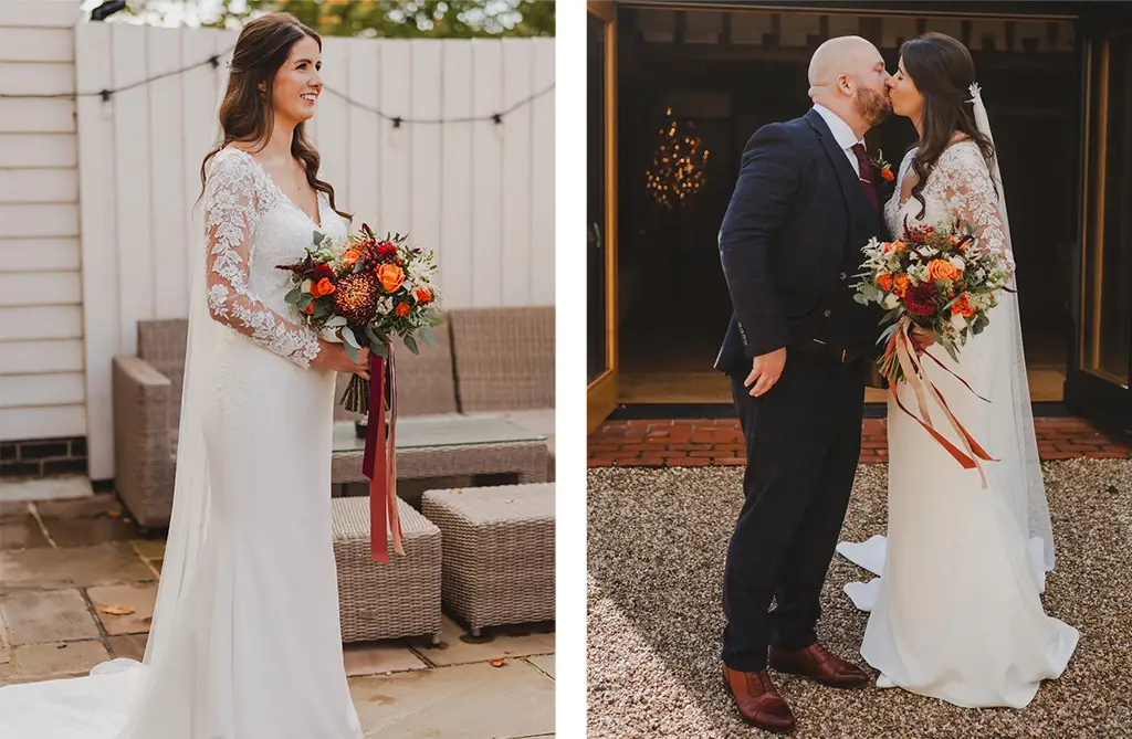 Bride Sarah in a long sleeve wedding dress at her autumn wedding