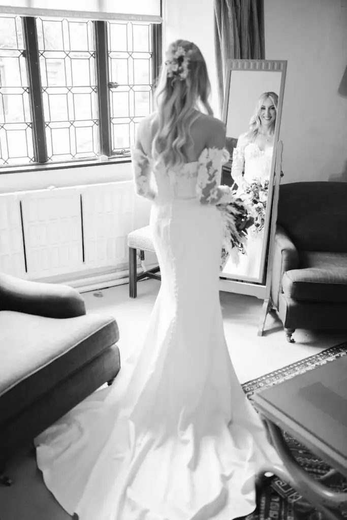 Jaynie in her Havanna off-the-shoulder wedding dress on the morning of her wedding