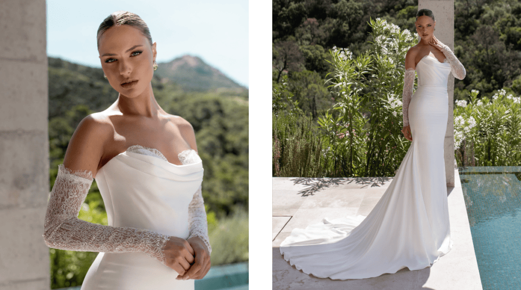 Roda satin wedding dress with detachable lace sleeves by Sofia Cruz